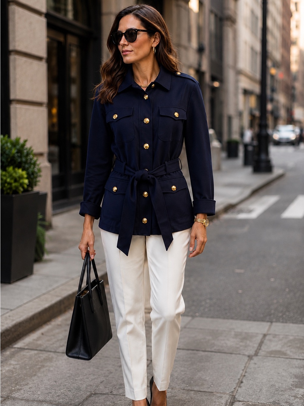 White House Black Market Women's Navy Gold Buttons and Belt Utility Jacket L